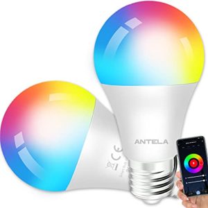 ANTELA Bombilla Inteligente LED E27 Wifi 9W Compatible Con Google Home/Alexa, Bombilla RGB( 2700K-6500K) Luces Colores Regulable, Control Remoto,Control De Voz, Ahorro Energético, Paquete 2
